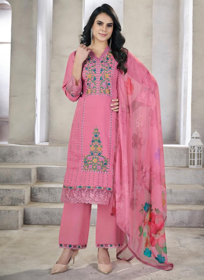 Roman Silk Pink Festival Wear Hand Work Readymade Straight Suit